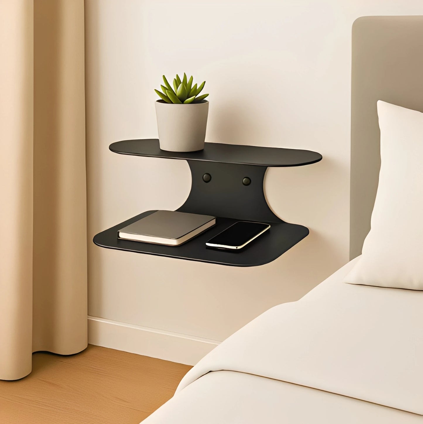 Metal Wall Shelf, 2-Tier Black Floating Nightstand, Wall-Mounted Side Table for Bedroom Plants Books Storage