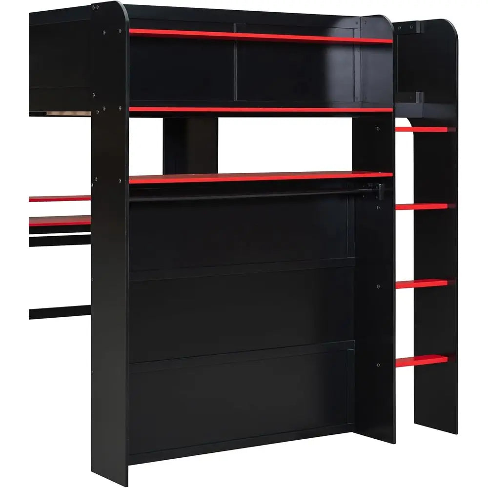 ull Size Gamer Lot Bed with Height-Adjustable Desk,Wardrobe,Ample Storage Space,and RGB Light, Wooden Bunk Bed or Gaming Setup (