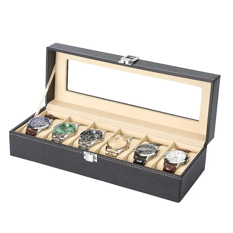 Hot Sale PU Leather Display Storage Collection Organizer Watch Box Case With Glass Top Slot Men Watch Bracket Display Box Gifts