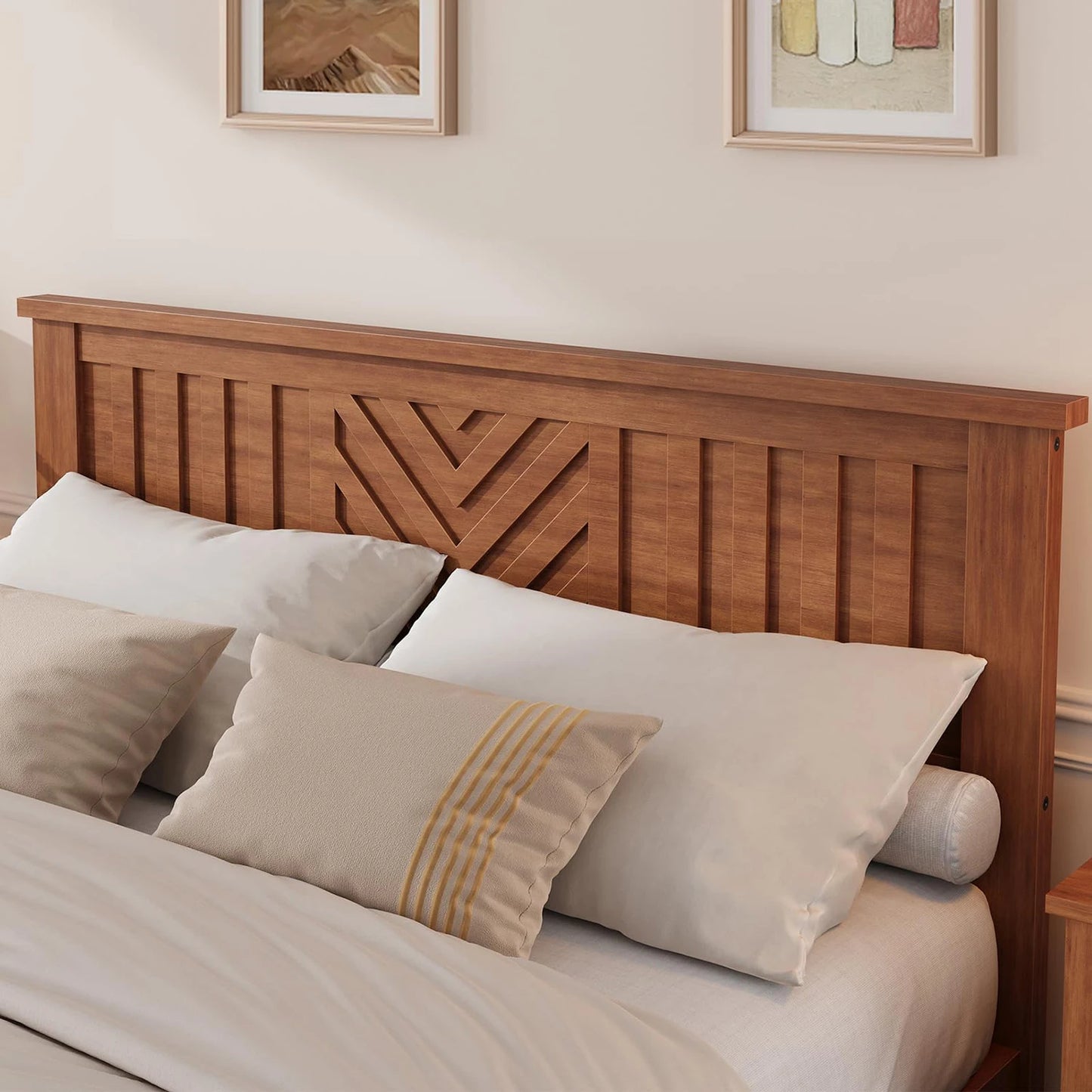 Full Queen King Wooden Platform Bed Frame With V Pattern Headboard, Noise Free Wood Slats, Underbed Storage, No Box Spring Needed