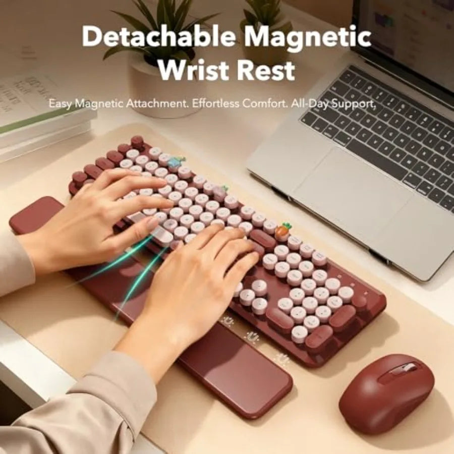 Wireless Keyboard and Mouse Combo Wine Red Retro Typewriter-Style Keyboard with Round Keycaps and Magnetic Wrist Rest 2.4G USB