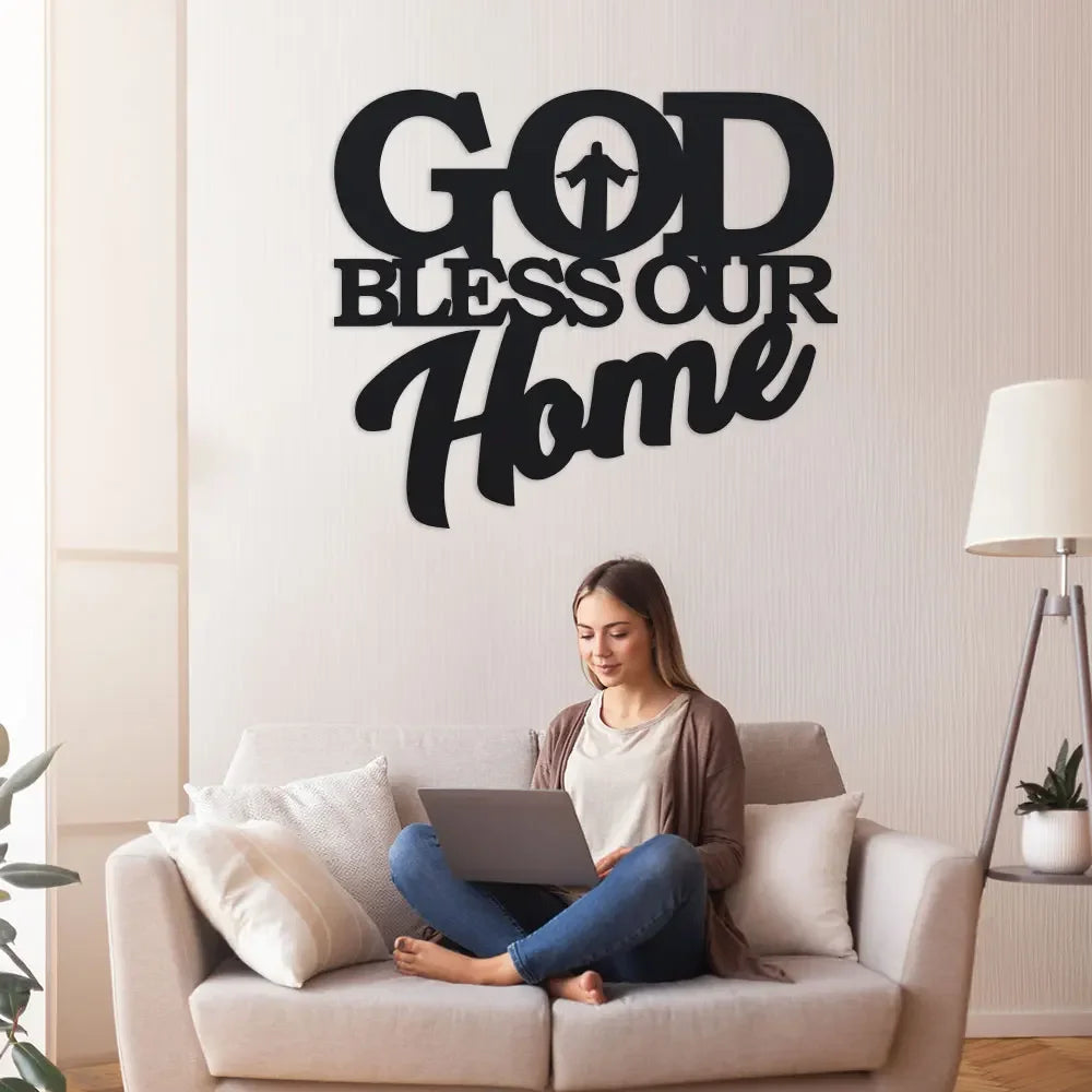 1Pc Metal God Bless Home Sign, Unique Wall Art, Home Decor, Metal Wall Hanger, Scene Decor, Theme Party Decor, Car Decor