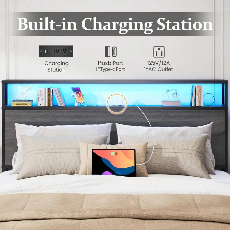 Queen & Full Bed Frame With Storage, 2-Tier Storage Headboard & Built-In Drawers, Metal Platform Bed With USB Charging Station & LED Lights, Noise Free, No Box Spring Needed, Easy Assembly,Rustic Grey