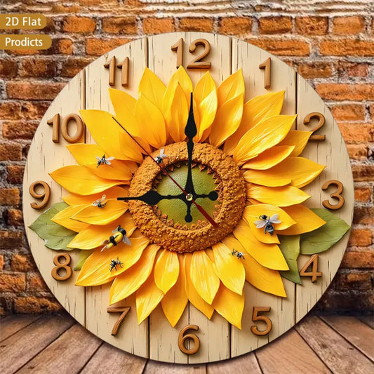 1pc 12-inch Large Sunflower & Bees Wall Clock - Silent Non-Ticking Nursery Room Decor with Wood Frame, Flower Foliage Design, Ba