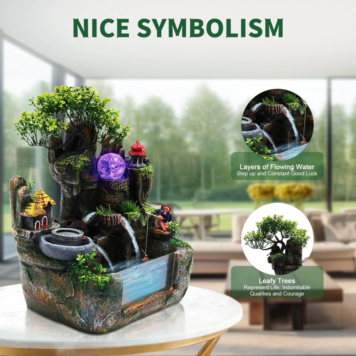 Lucky Feng Shui Money Tree Water Fountain,Circulating Fish Tank Waterfall with Resin Rockery,for Wealth Success & Home Decor Gif