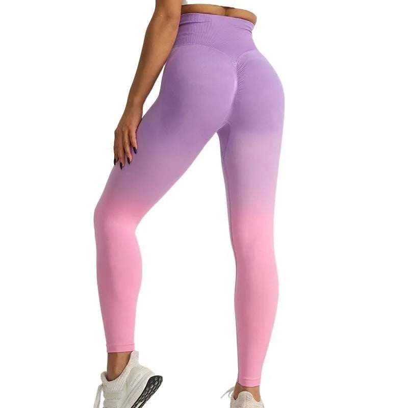 High Waist Color Gradient Yoga Pants Women Seamless Knit Gym Leggings Quick Dry Breathable Workout Tights Scrunch Butt Lift Peach Hip Long Fitness Pants for Cycling Training Activewear