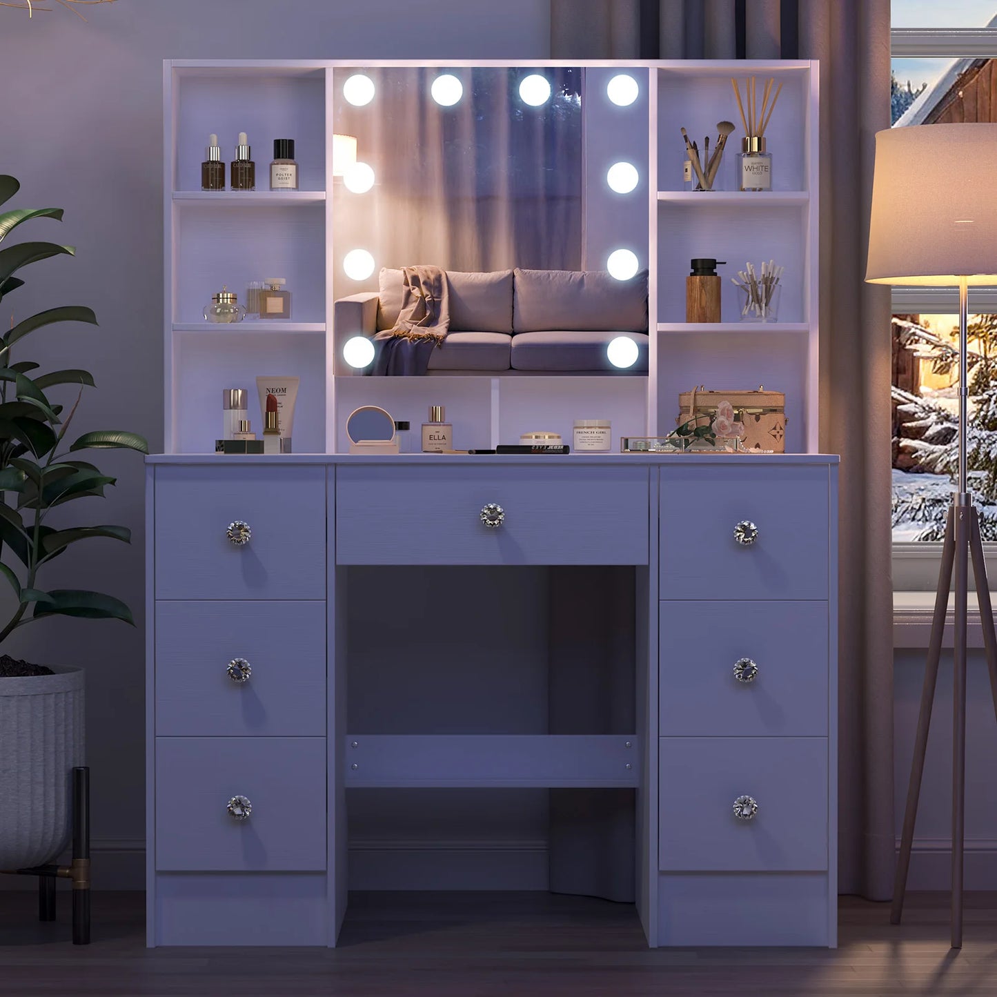 Large LED Vanity Dressing Table Set with Mirror, 7 Drawers Storage Makeup Desk, Crystal Pull Handles, Dimmable Glam Decor for Bedroom