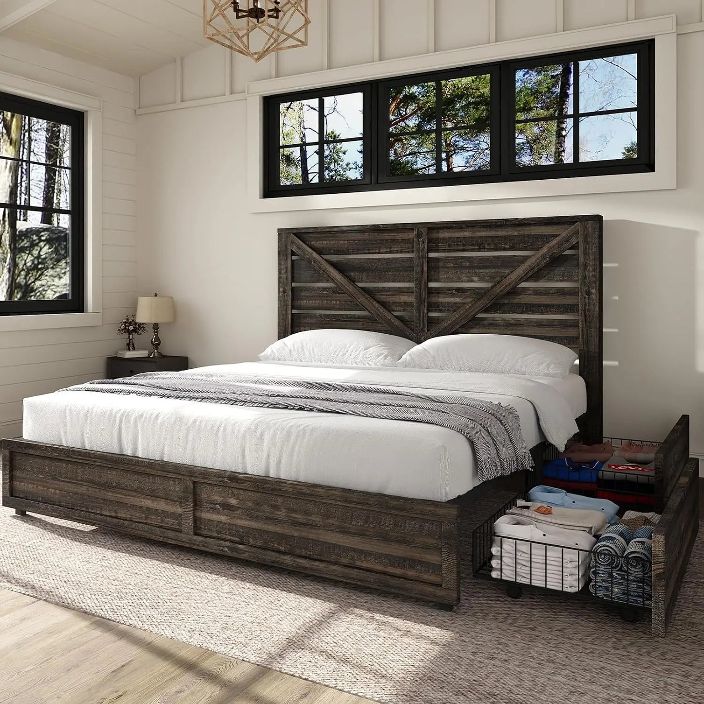Queen Size Farmhouse Bed Frame with 4 Drawers, Wooden Storage Bed Frame with Headboard and Heavy Duty Metal Slats,Custom