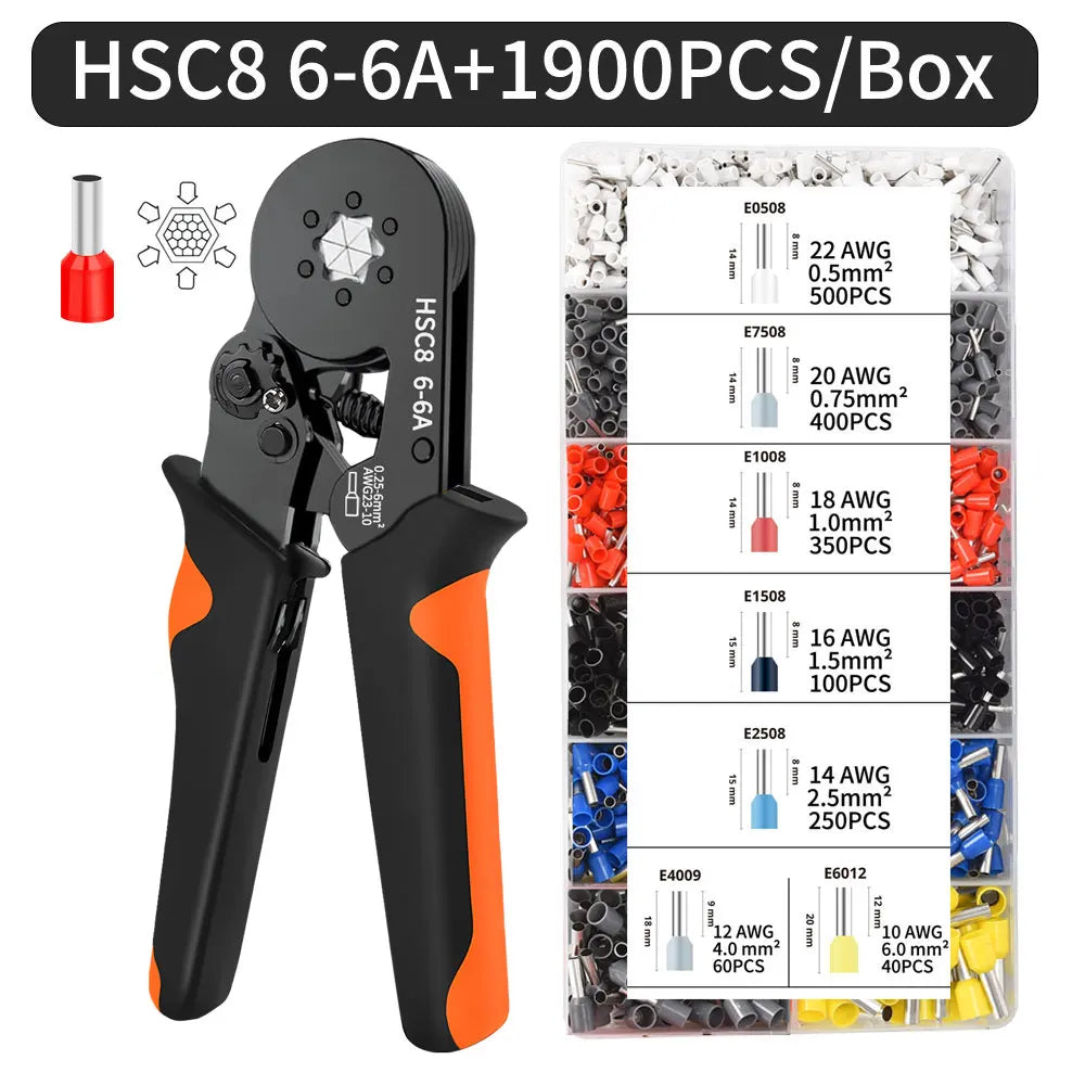 Hexagonal Self-Adjustable Ratchet Ferrule Crimping Tool Kit 23-7AWG 0.25-10mm² Crimper Kit with Ferrule Sleeves Wire Terminals