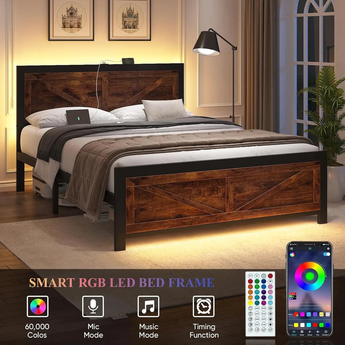 LED Bed Frame With USB Charging And Industrial Headboard