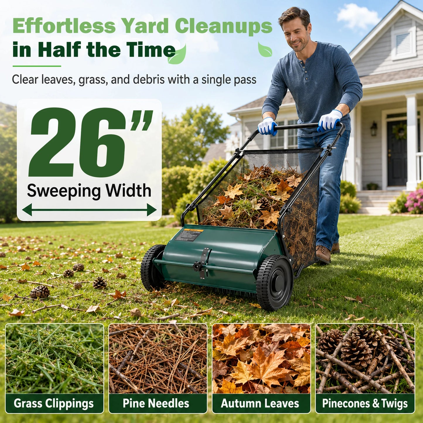 Efficient Manual Push Lawn Sweeper With Four Robust Brushes