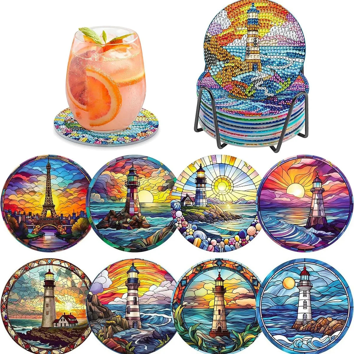 8 pieces/set animal horse pattern diamond painted coaster set with holder DIY coaster beginner coaster, craft supplies gift