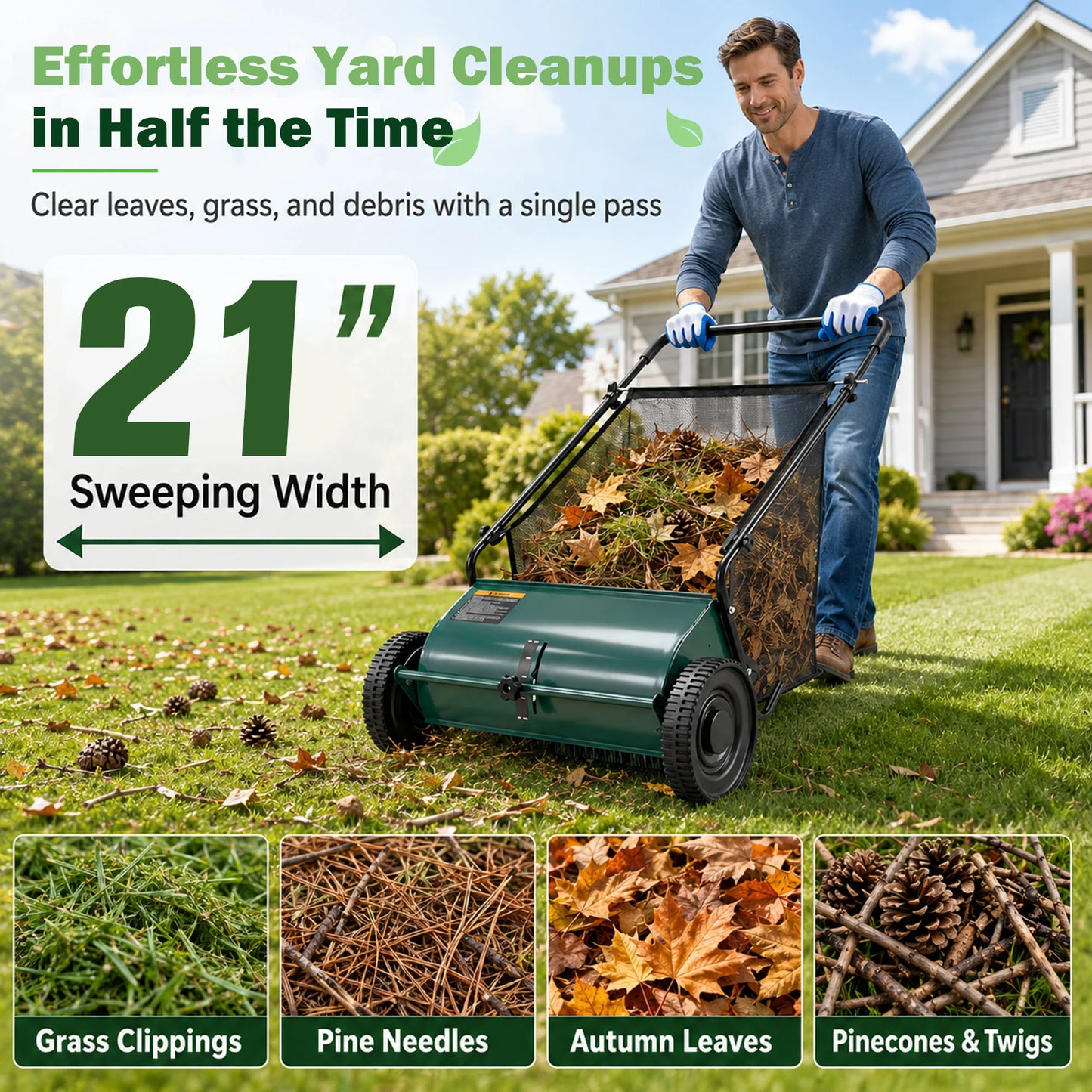 Efficient Manual Push Lawn Sweeper With Four Robust Brushes