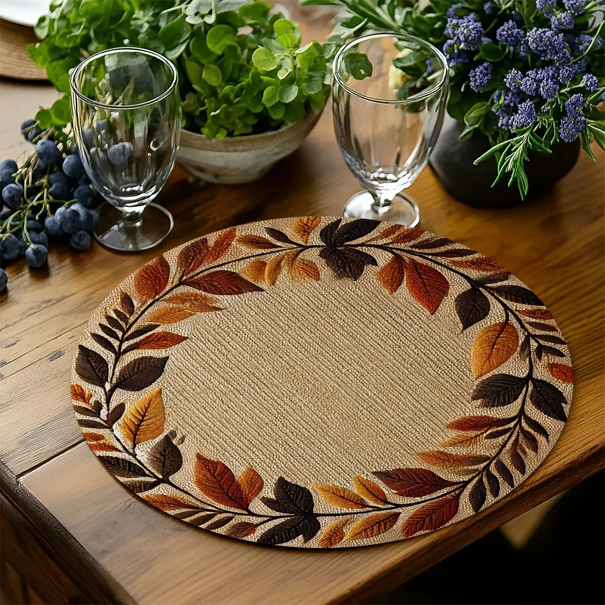 4/6/10pcs Placemat Round 2D Flat Autumn Leaf Wreath Print Table Mat Retro Fall Color Heat Insulation Dining Decor Pad