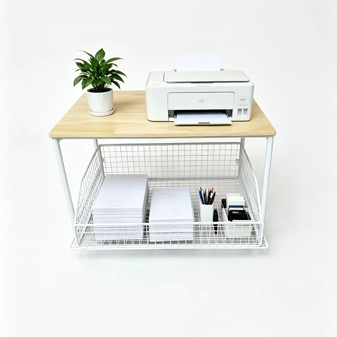 Kitchen Counter Storage Rack with Metal Drawer, Solid Wood & Metal Pull-Out Organizer for Coffee Maker, Microwave And Tableware
