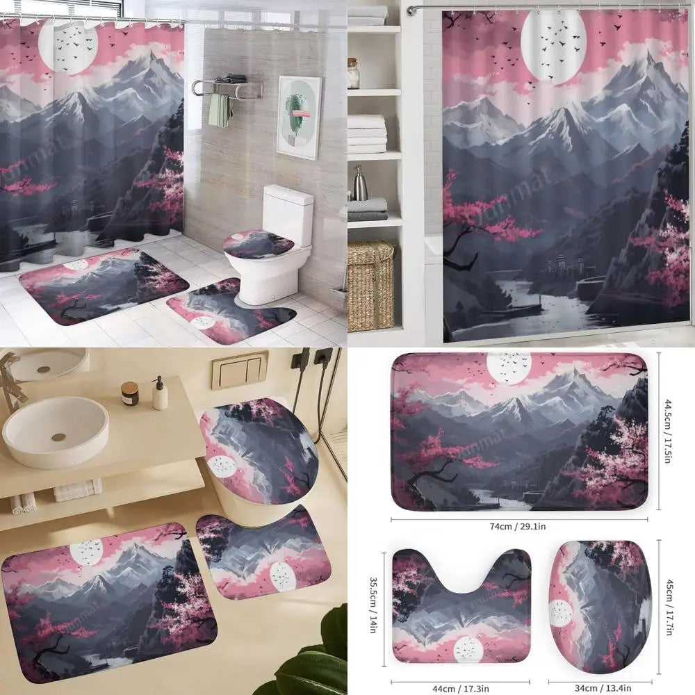 elegant watercolor cherry blossom shower curtain and rug set - nature-inspired bathroom decor with waterproof feature