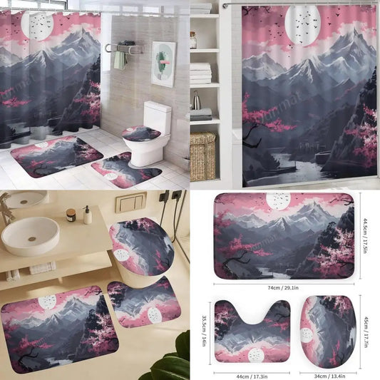elegant watercolor cherry blossom shower curtain and rug set - nature-inspired bathroom decor with waterproof feature