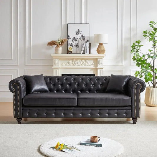 Faux Leather Chesterfield Sofa With Rolled Armrests For Office