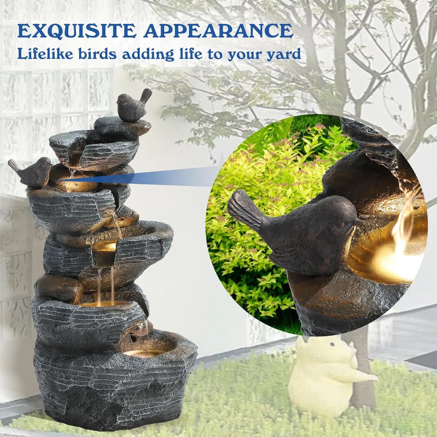 5-Tiers Cascading Rock Water Fountain Outdoor - Waterfalls Fountains with LED Lights, Outdoor/Indoor Resin Water Feature Fountai