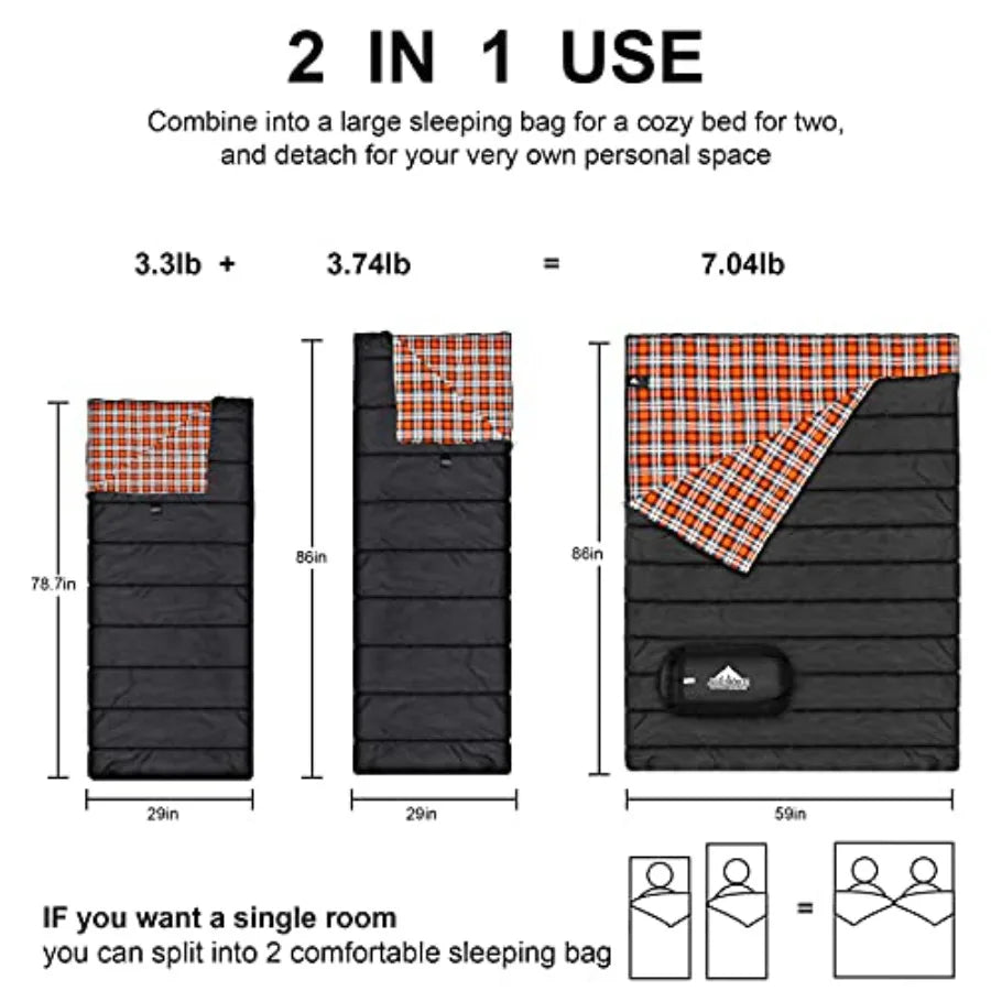 Cotton Flannel Double Sleeping Bag for Camping Backpacking or Hiking Queen Size 2 Person Waterproof Sleeping Bag for Adults or