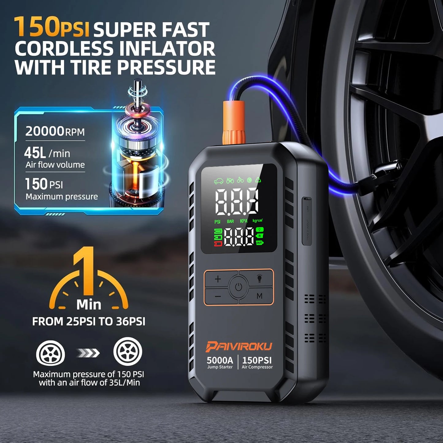 PAIVIROKU 5000A Car Jump Starter with Air Compressor 150PSI Air Pump  Auto Battery Booster Portable Power Bank Tire Inflator