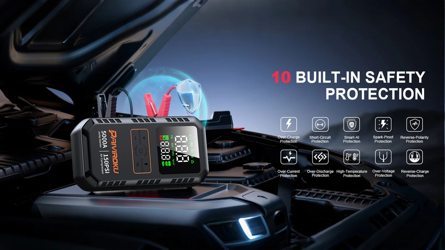 PAIVIROKU 5000A Car Jump Starter with Air Compressor 150PSI Air Pump  Auto Battery Booster Portable Power Bank Tire Inflator