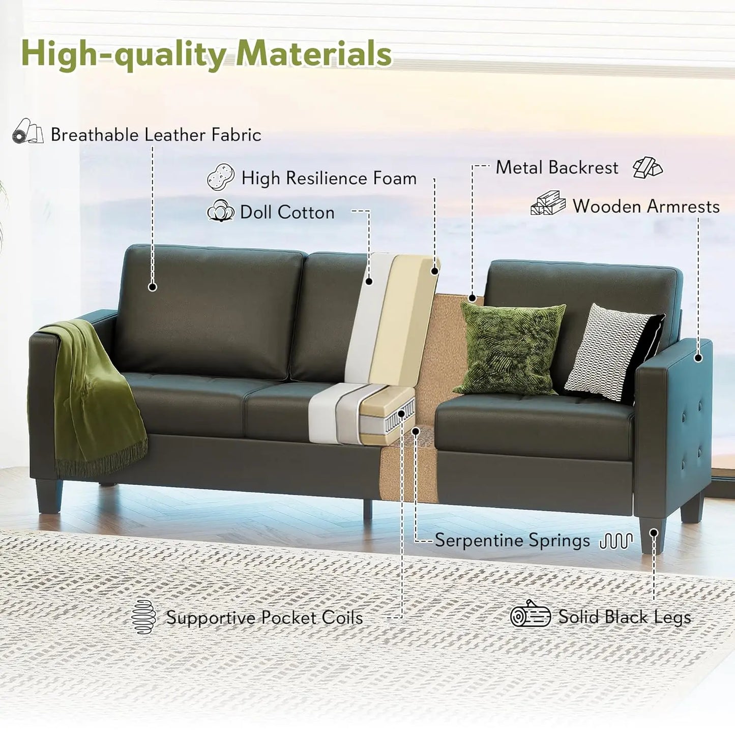 Modern Faux Leather Office Sofa With Tufted Arms USB