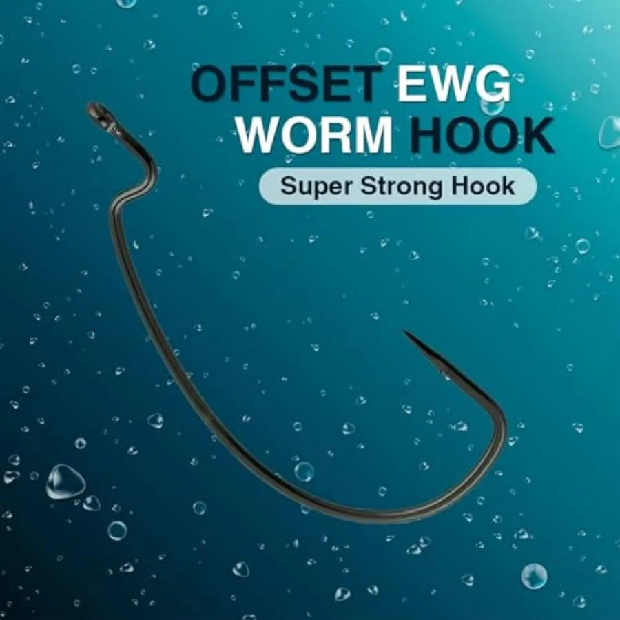 Offset EWG Worm Hooks - Super Strong Wide Gap Texas Rig Hooks for Soft Plastic Baits - High Carbon Steel Bass Fishing Hooks 25-