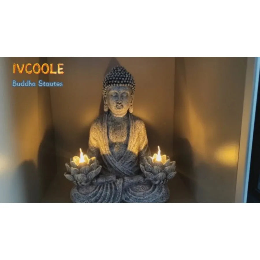 Buddha Statue Zen Sculpture 11.4in Yoga Garden Decor with LED Solar Lotus Lights, Sitting Meditating Buddha Serene Resin Figuri