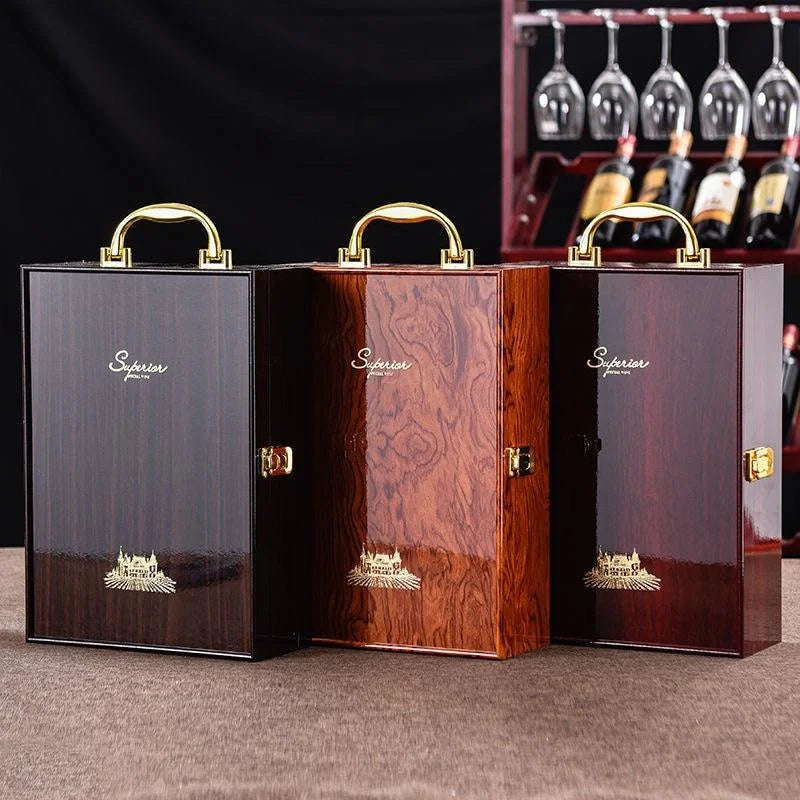Double Leather Box Wine Bottle Box Luxury Handle Wooden Wine Box Organizer Gift Wood Wine Holder for Red Wine Champagne
