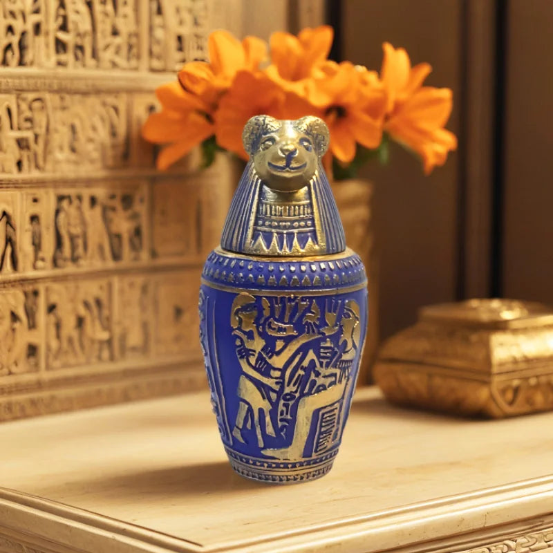 Egyptian Canopic Jars Set, Ancient Egypt God Figurines Statues, Blue & Gold Resin Decor for Home Office Bookshelf Halloween Part