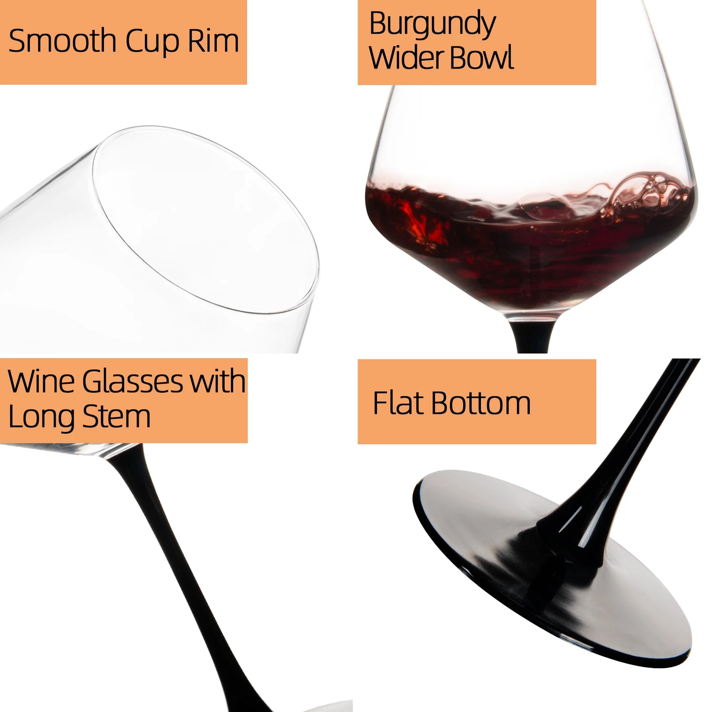15.5oz 6-Pack Burgundy Black Stem Wine Glasses Shatterproof Dishwasher Safe Durable for Gifts Home