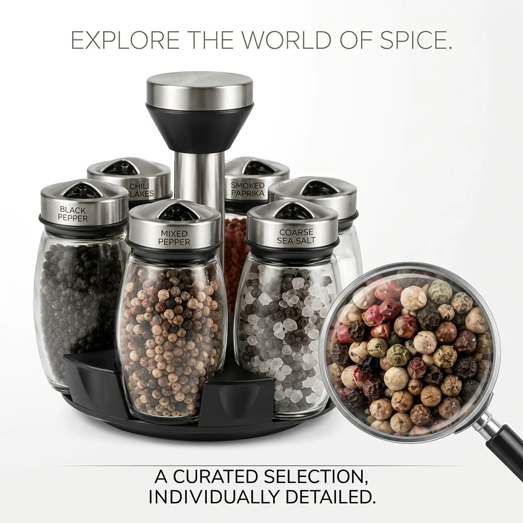 Spice Rack Set with Glass Jars | Kitchen Seasoning Organizer | Compact Rotating Countertop Storage Rack