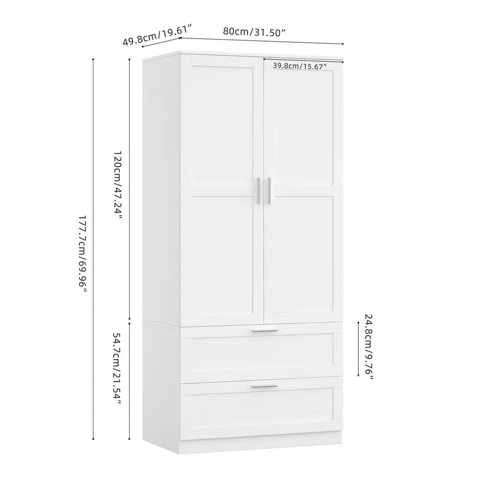 Modern 2 Doors 2 Drawers Bedroom Armoires Wardrobe Clothes Storage Closet with Hanging Rod, Wooden Bedroom Freestanding Wardrob