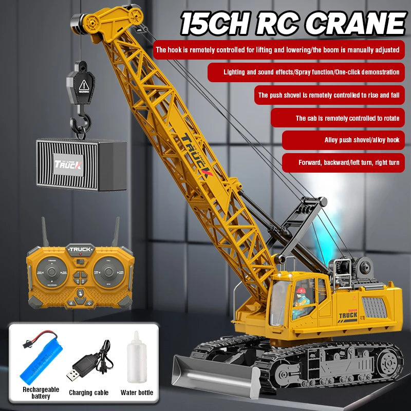 RC Crane Tractor 2.4G 15/13/11/9CH Children Electric Alloy Arm Remote Control Truck Engineering Vehicle Electric Spray Xmas Gift