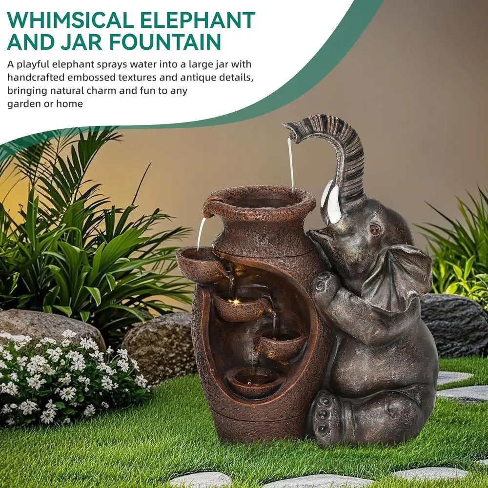 19" H Elephant Jar Outdoor Water ountain, Rustic armhouse Water eature with Tranquil Cascading Waterall, Relaxing Garden Patio Y