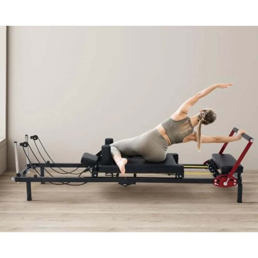 Home Gym Pilates Reformer Machine, Steel Frame, Black, Quick-Assembly Foldable Design with Up to 330lbs Capacity and Adjustable