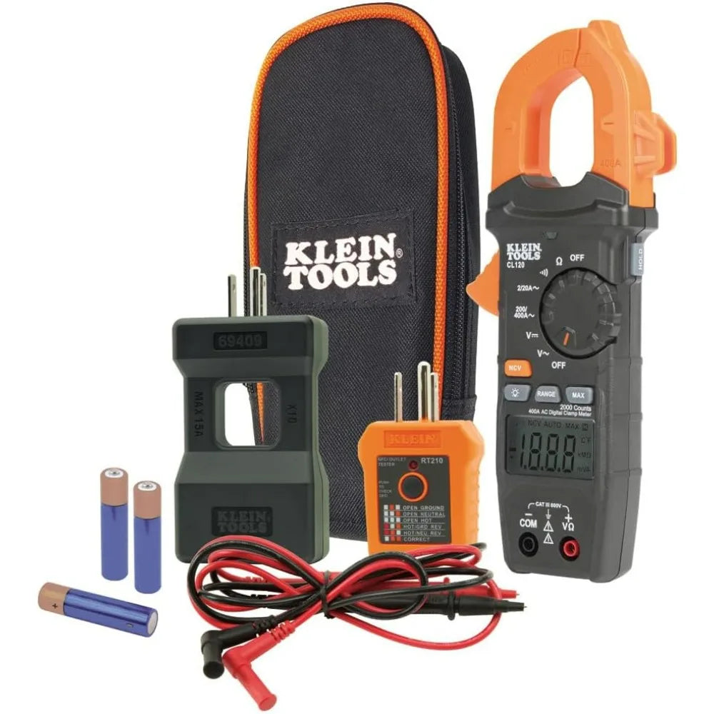 Klein Tools CL120KIT Clamp Meter Electrical Test Kit, AC Auto Ranging 400 Amp Backlit Display Includes GFCI Tester-Line Splitter