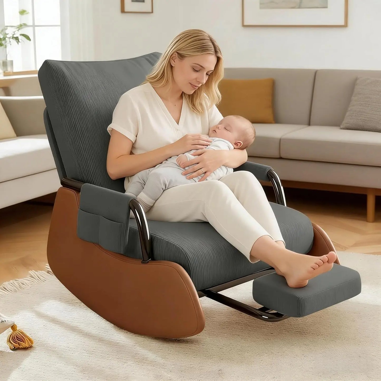 Rocking Chair Nursery, Upholstered Glider Rocking Chair with Side Pocket and Adjustable High Backrest, Foldable, Customized