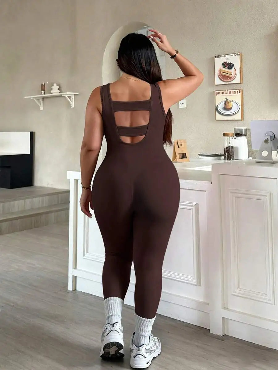 Rhythm Era 1pc Plus Size Black Backless Jumpsuit, Comfortable Stretchy Seamless Knit Yoga & Fitness Activewear