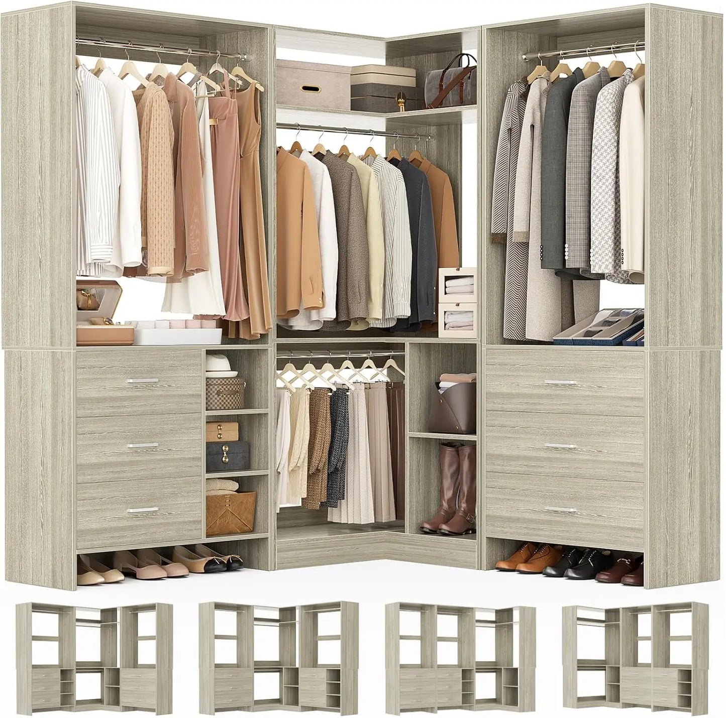 Closet System with 6 Drawers, 4 Hanging Rods & Corner Tower