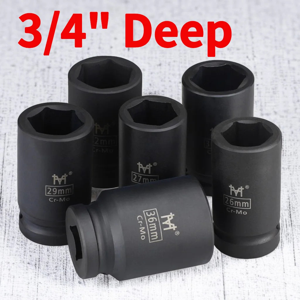3/4" Deep Impact Socket Long Reach Hex Black Air Sockets-Durable Cr-Mo Steel Construction-Air Sockets and Pneumatic Wrench Heads