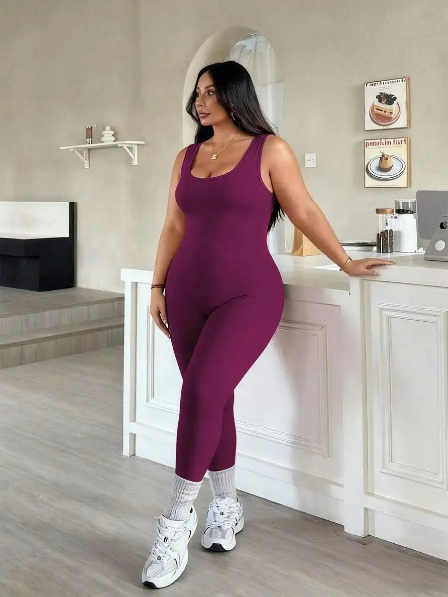 Rhythm Era 1pc Plus Size Black Backless Jumpsuit, Comfortable Stretchy Seamless Knit Yoga & Fitness Activewear