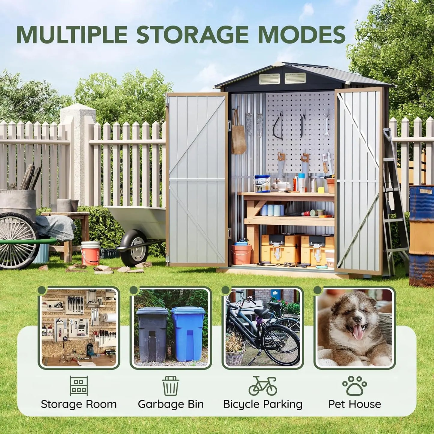 5x3 FT Outdoor Metal Storage Shed, Double Door, 1 Clear Window, Tool Shed for Garden, Patio, Backyard Brown, Customized