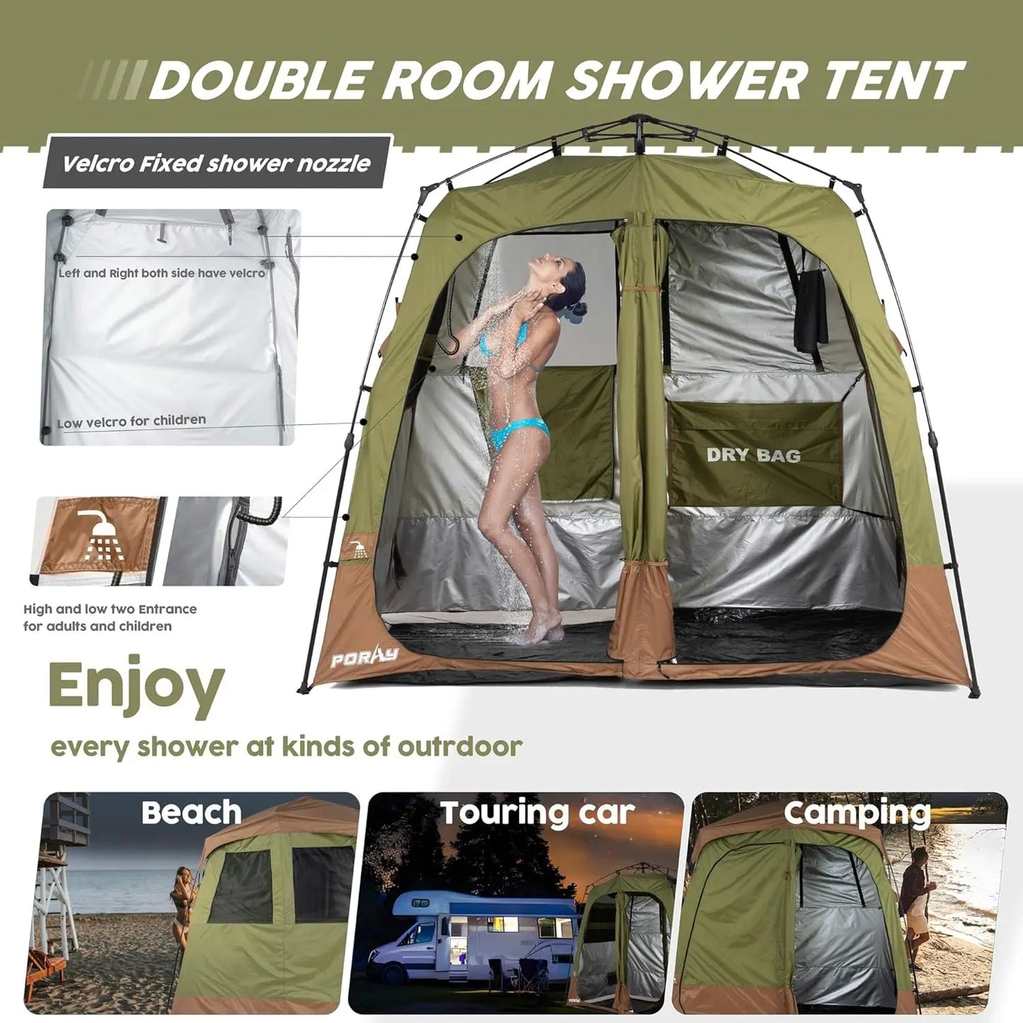 Camping Shower Tent Deluxe Easy Setup Privacy Shelter with Floor Drain for Beach Hiking