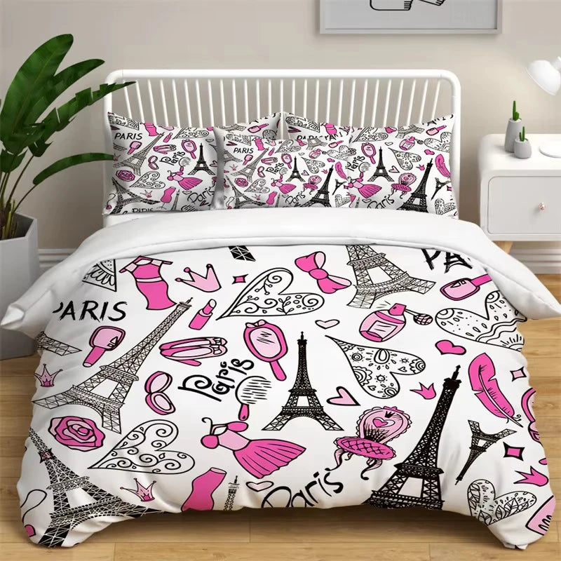 Eiffel Tower Duvet Cover Set Romantic Paris Tower Bedding Set French Style Home Decor Cityscape Quilt Cover King For Girls Boys