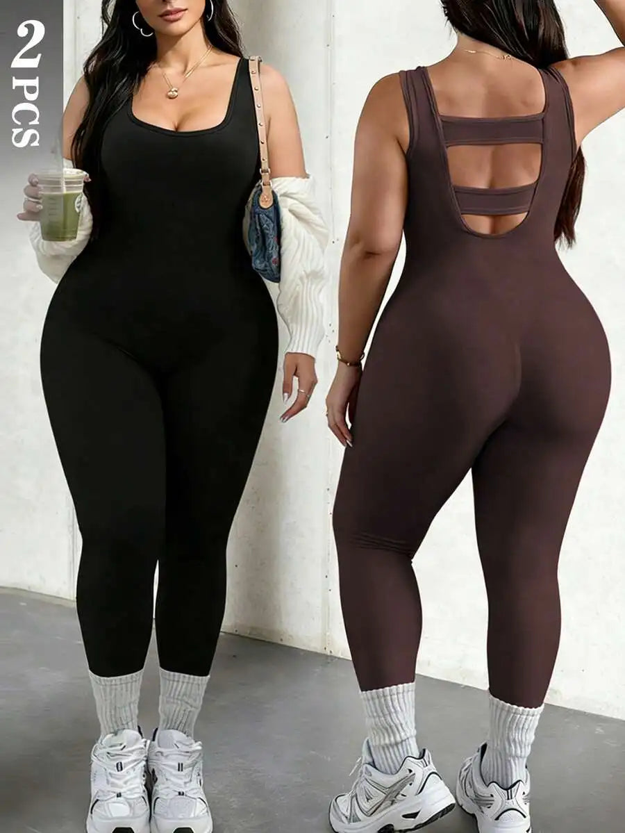 Rhythm Era 1pc Plus Size Black Backless Jumpsuit, Comfortable Stretchy Seamless Knit Yoga & Fitness Activewear