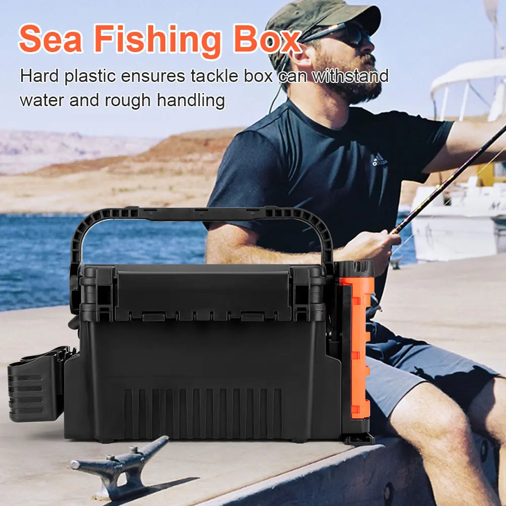 2 Tier Fishing Tackle Box Fishing Gear Box with Cup & Rod Holder Fishing Gear Carry Case Fishing Tool Box Fishing Accessories