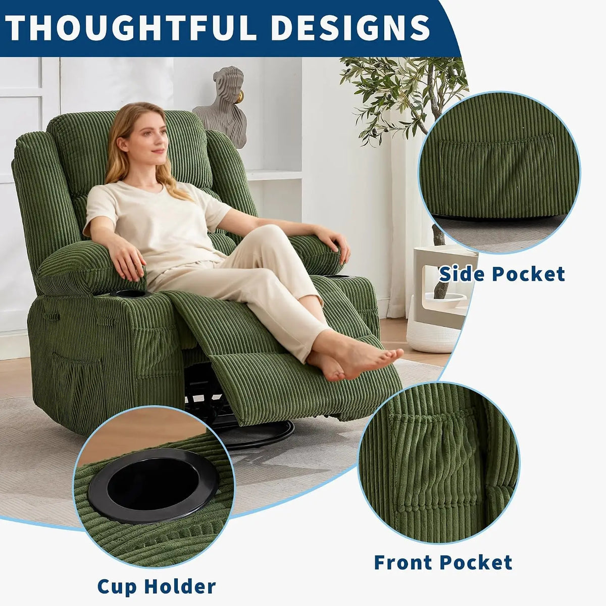 Modern Swivel Rocker Recliner Chair With Adjustable Headrest