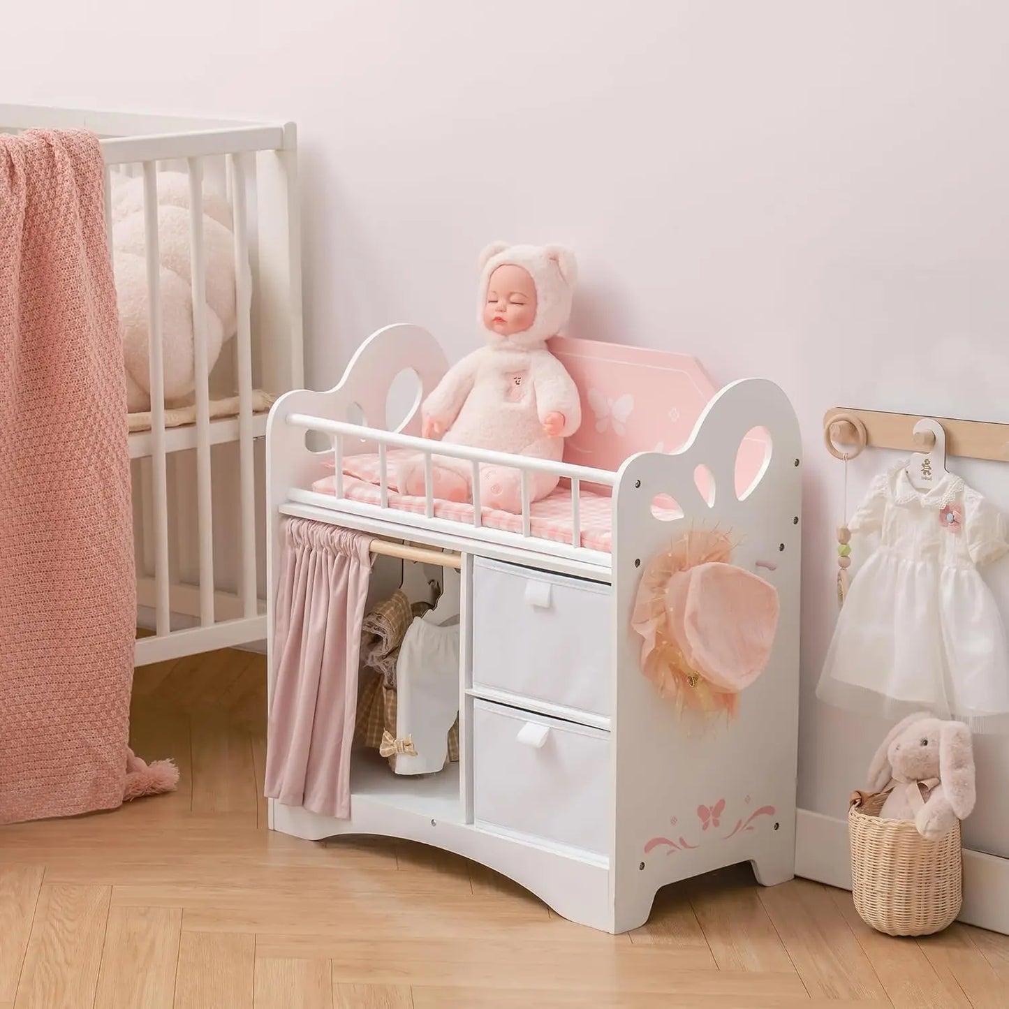 Rolife Wooden Doll Crib With Storage And Changing Table